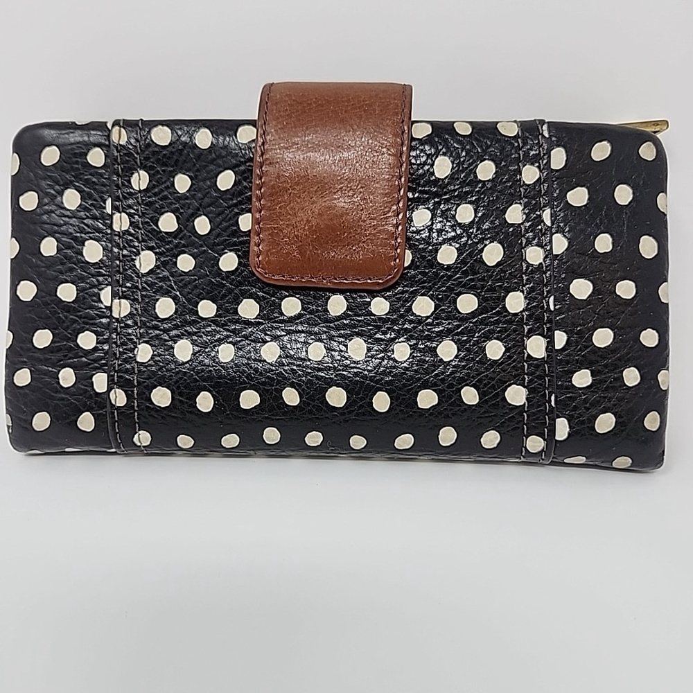 Fossil Vintage Wallet Sydney Brown Leather Retro Black White Polka Dot Trifold - Picture 3 of 16
